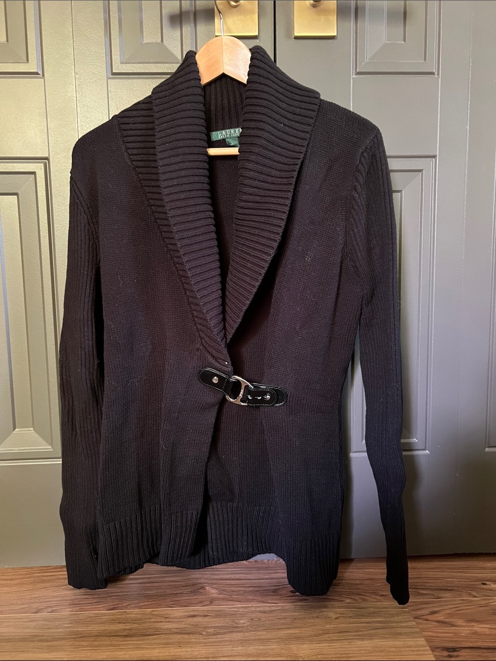Ralph Lauren Black Shawl-Collar Buckle Front Cardigan